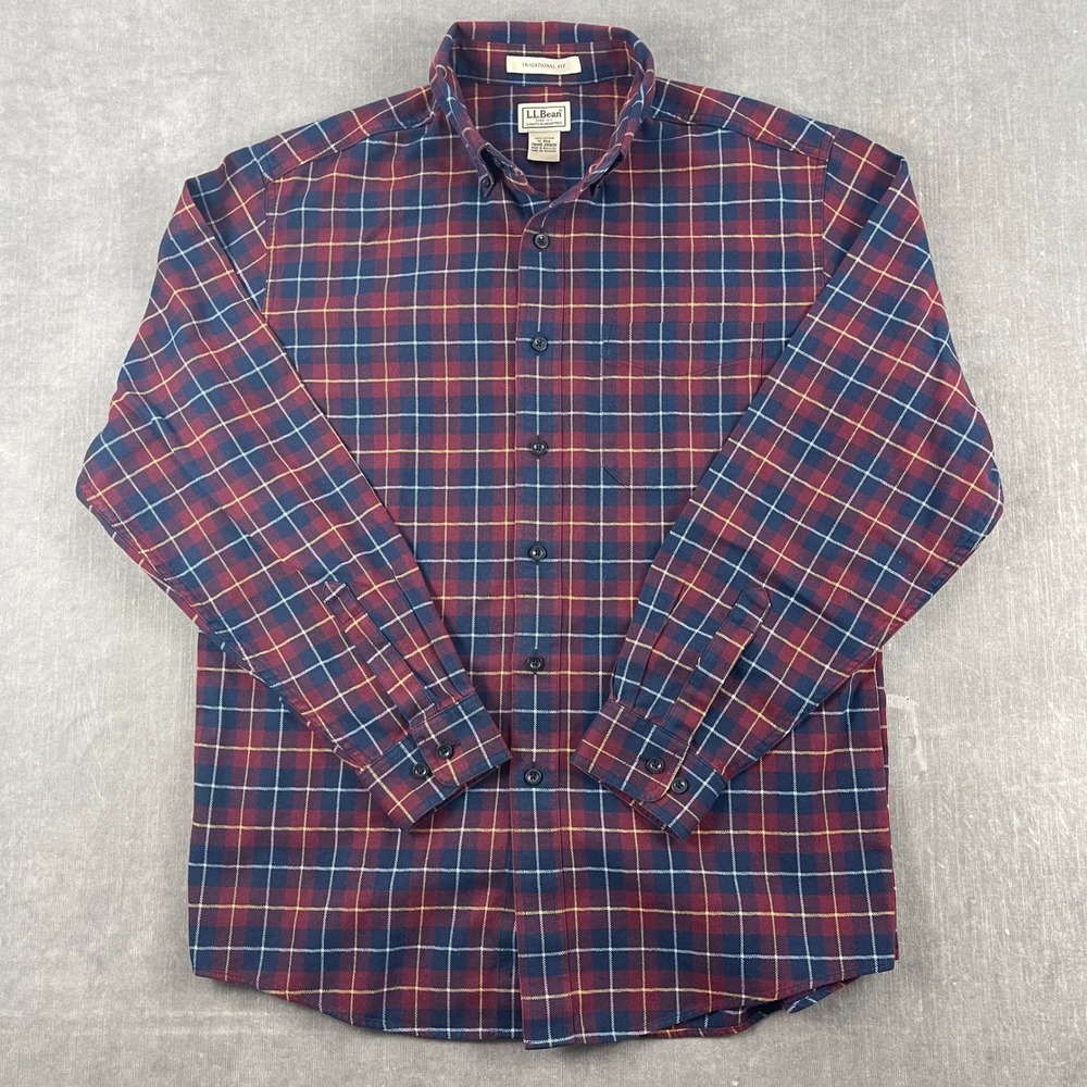L.L.Bean Men M Red Blue Plaid Flannel Shirt Traditional Fit Cotton Button Down